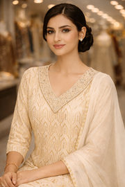 Ivory Georgette Munakka Embroidered Straight Suit Set with Dupatta